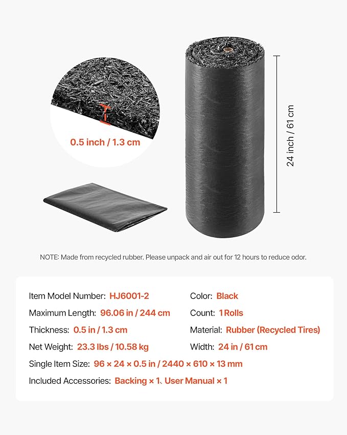 VEVOR Rubber Mulch Mat Roll, 96 x 24 in Recycled Rubber Mulch Mat, 0.5 Thick Cuttable, Reduced Weed Growth, Natural-Looking Weed Barrier Mat, Permanent Walkway Pathway for Landscaping