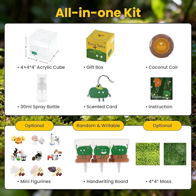 DIY Moss Terrarium Kit, 4 * 4 * 4 inch Acrylic Cube Mini Garden with Live Star Moss, Soil, Free Spirit-Craft Kit for Adults and Teens, Relaxing Desk Decor & Unique Gift for Home or Office