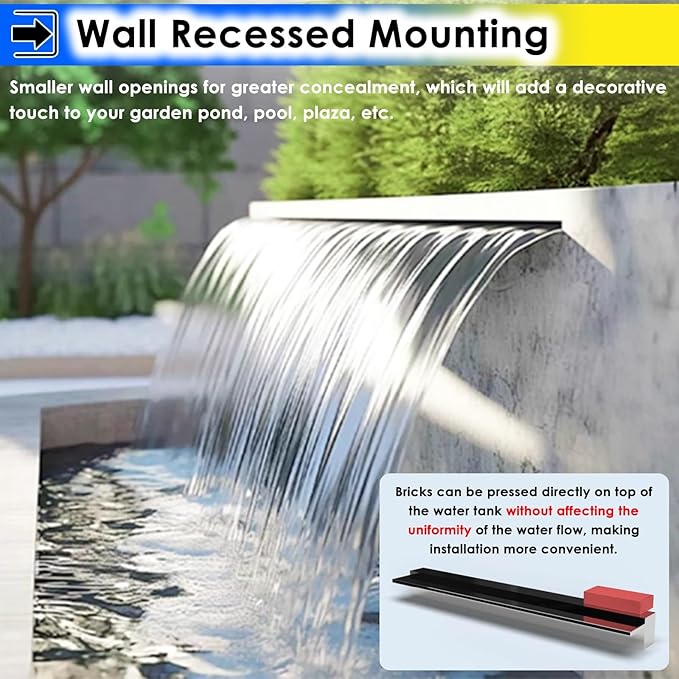 Stainless Steel Waterfall Fountain Kit - Recessed Wall Sprayer for Patio, Backyard, Pond & Pool - Complete Spillway Box with Pipe Connector for Outdoor Decor