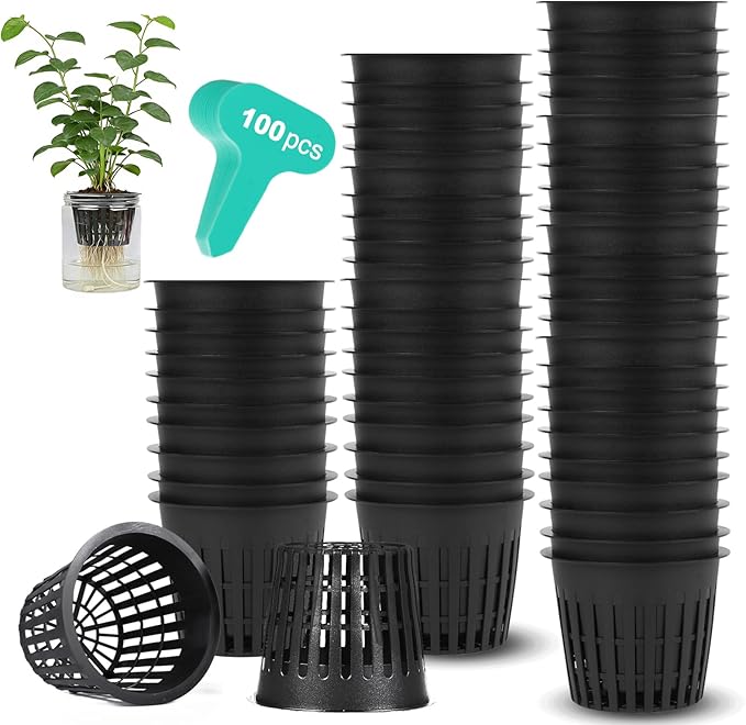100PCS 2 inch Net Cups Pots, with 20 Plant Labels for Hydroponics Aquaponics Planter Indoor Outdoor Growing Baskets Slotted Mesh
