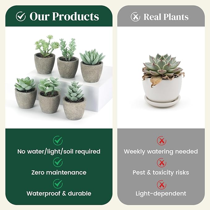DomeStar Set of 6 Artificial Succulent Plants Potted, Assorted Decorative Faux Succulent Potted Fake Cactus Cacti Plants with Pots