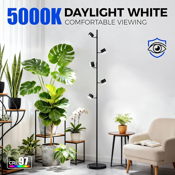 Barrina T1X5 Floor Grow Lights for Indoor Plants, 50W, 5000K, Full Spectrum, Adjustable 5 Heads, High PPFD, 6FT with Foot Switch, Vertical Plant Lights for Growing