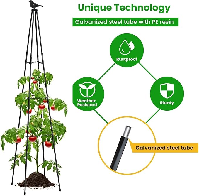 FOLLOOK Cucumber Trellis, 67" Tall Obelisk Garden Trellis for Climbing Plants Outdoor Plastic-Coated Metal Support for Flower Vine Vegetable Tomato Cage Cucumebr Trellis Raised Bed, Black, 2 Pack