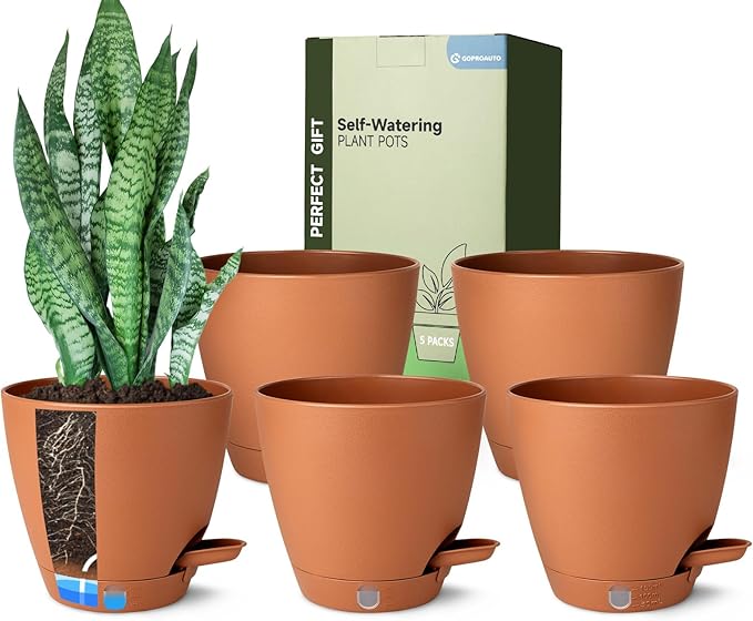 5 Pack 6 Inch Self Watering Planters for Indoor Plants, Automatic Watering Pots for Busy Plant Parents & Vacation, Decorative Modern Flower Pots with Drainage & Saucers (Terra Cotta, 6 inch)