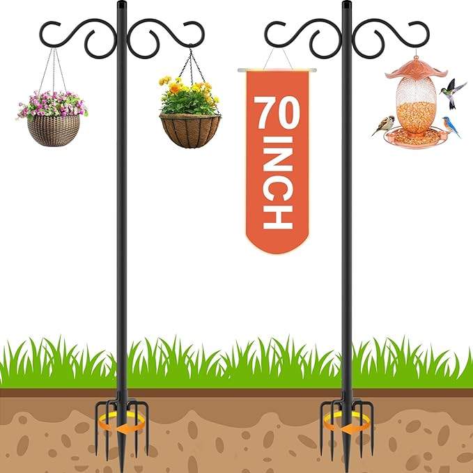 NUERPO Adjustable Shepherd Hooks for Outdoor,2 Pack 70 Inch 5 Prong Base Bird Two Sided Feeder Poles,Heavy Duty Shepherds Hook,Suitable for Garden in Hanging Flower Basket,Lantern,Bird Nests