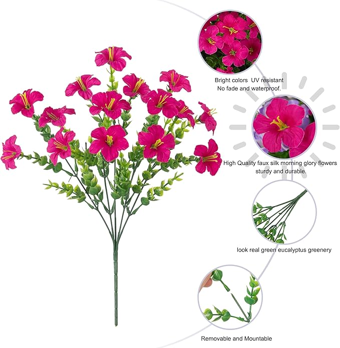 Artificial Flowers for Outdoors Decoration, 20 Bundles Fuchsia Faux Morning Glory with Eucalyptus Look Real UV Resistant Fake Plants Silk Flowers for Outside Yard Gardens Porch Patio Planter Home Urn