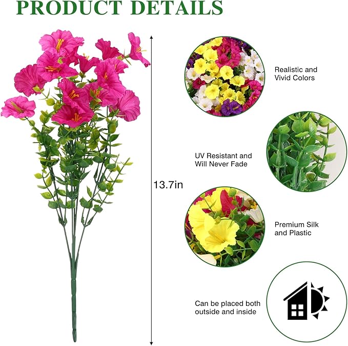 CEWOR 12 Bundles Artificial Flowers for Outdoor Indoor, Fake Silk Morning Glory with Eucalyptus Leaves, Faux Flower for Garden Front Door Porch Planter Patio Home Decor (Fuchsia Yellow White Purple)