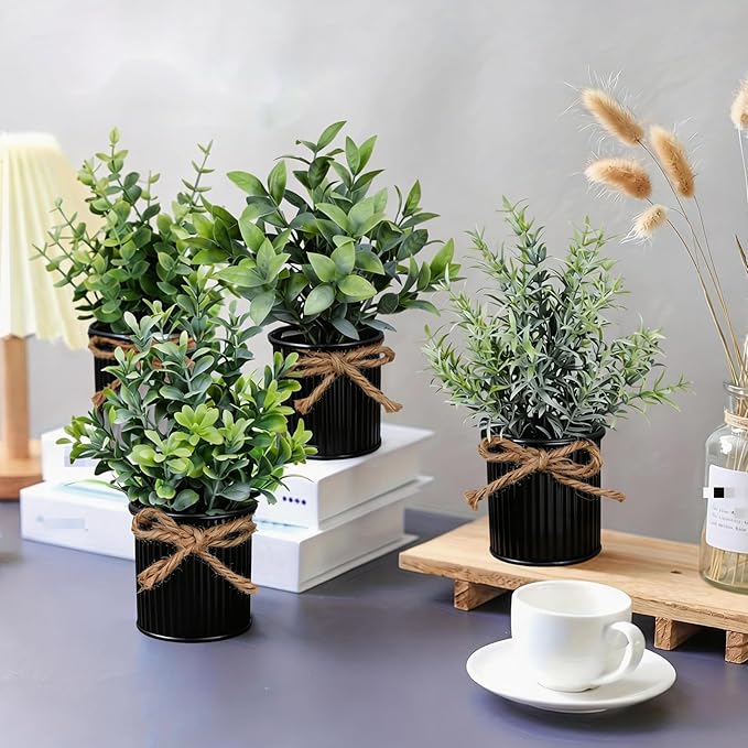 4 Potted Artificial Plants Metal Fake Potted Plant with Iron Pot Mini Greenery Decor Small Faux Plants for Indoor Farmhouse Home Porch Garden Bathroom Room Décor Black