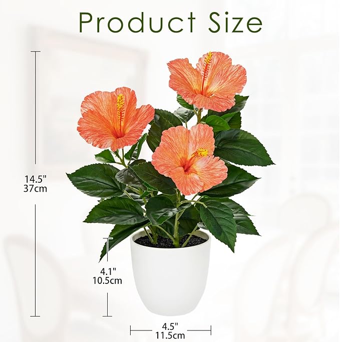 Briful Artificial Hibiscus Flowers in Pot, 14.5’’ Faux Hibiscus Plant, Spring Summer Flowers for Home Decor, Farmhouse Table Decor & Coffee Table Decor, Indoor Potted Fake Flower, Peach