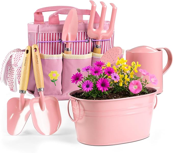 8Pcs Kids Gardening Set with Metal Basket & Real Metal Tools, STEM Outdoor Exploration Kit, Ergonomic Wooden Handles, 3 Shovels, Rake, Watering Can, Gloves, Tote Bag, Toy Gift for Toddler Boys Girls