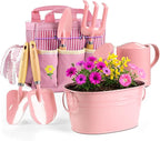8Pcs Kids Gardening Set with Metal Basket & Real Metal Tools, STEM Outdoor Exploration Kit, Ergonomic Wooden Handles, 3 Shovels, Rake, Watering Can, Gloves, Tote Bag, Toy Gift for Toddler Boys Girls