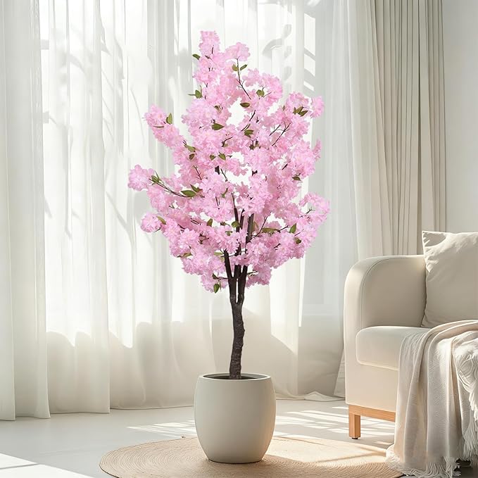 Artificial Pink Cherry Blossom Tree 5.5ft(67in) Tall Fake Silk Leaves Indoor Decor Handmade Lifelike Sakura Tree for Wedding Realistic Cherry Plant in Pot for Home Living Room,Office,Outdoor Decor
