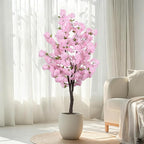 Artificial Pink Cherry Blossom Tree 5.5ft(67in) Tall Fake Silk Leaves Indoor Decor Handmade Lifelike Sakura Tree for Wedding Realistic Cherry Plant in Pot for Home Living Room,Office,Outdoor Decor