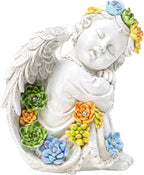Solar Cherub Angel Outdoor Garden Decor Statues - 8 inches Angel Figurines Outdoor Sculptures with Succulent, Garden Statues for Outside, Patio, Balcony, Lawn Ornaments or Housewarming Gift