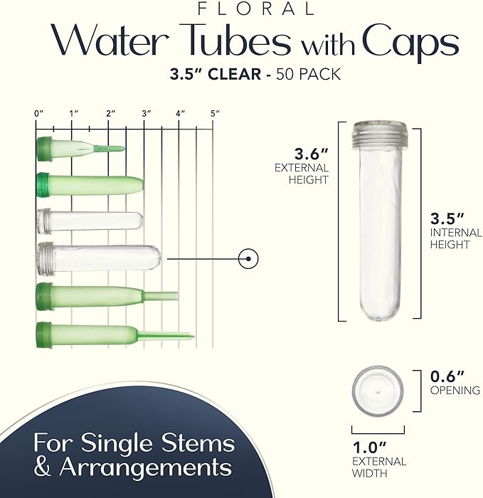 Royal Imports Floral Water Tubes with Caps – 3.5" Clear Plastic Flower Vials for Single Stem Roses, Buds, Bouquets – Standard Style, 1/2" Opening – 50 Pack