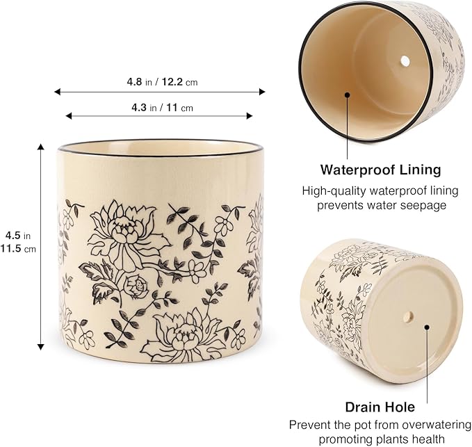 STHIE Indoor Ceramic Plant Pots with Drainage Holes 5 Inch Cute Succulent Flower Pots Small Orchid Planter Pots for Indoor Plants Garden Pots, Peony