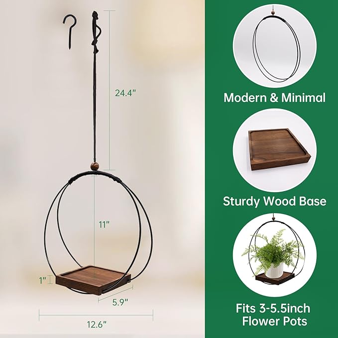 hismocal 4 Pack Hanging Planters for Indoor Plants,Plant Hanger with Sturdy Wood Base,Modern Boho Macrame Plant Hanger,Wall Ceiling Window Stands(Plants/Pots Not Included)