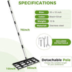 Lawn Leveling Rake, 30"x10" Stainless Steel Lawn Leveler with 76" Adjustable Handle, Heavy-Duty Yard Leveling Rake for Garden, Golf Course, Farm, Pasture, Professional Lawn Care Tool