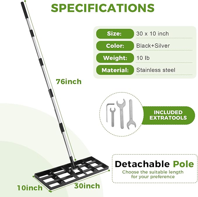 Lawn Leveling Rake, 30"x10" Stainless Steel Lawn Leveler with 76" Adjustable Handle, Heavy-Duty Yard Leveling Rake for Garden, Golf Course, Farm, Pasture, Professional Lawn Care Tool