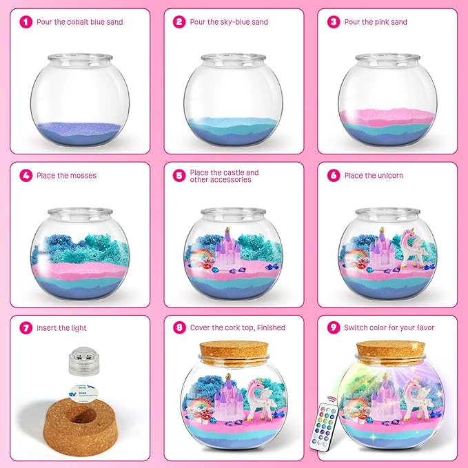 LAOESE Unicorn Light-Up Terrarium Kit for Kids – LED Night Light DIY Arts and Crafts Kit, Unicorn Toys for Girls Ages 4 5 6 7 8-12 – Birthday Gifts for Girls