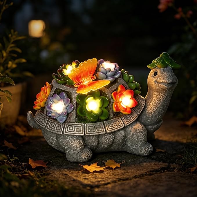 7 Inch Solar Turtle Garden Statue with Butterfly, Succulent & LED Lights, Lawn Ornament for Yard Patio Porch Balcony, Outdoor Decor Figurine - Gifts for Mom Grandma Women