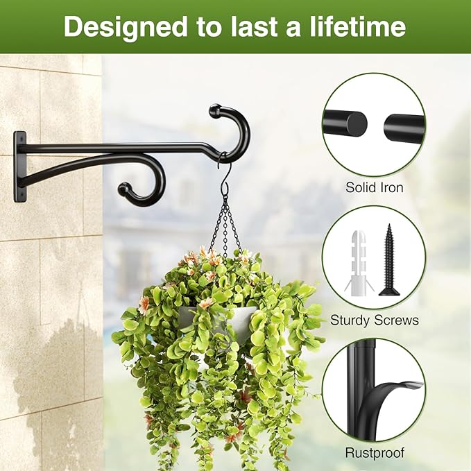 pickpiff 14-Inch Plant Hooks for Hanging Baskets: Plant Hangers Outdoor Indoor, Planters Wall Brackets for Hanging Plants, Bird Feeders, Wind Chimes, Bird Houses, Flower, Metal, Black
