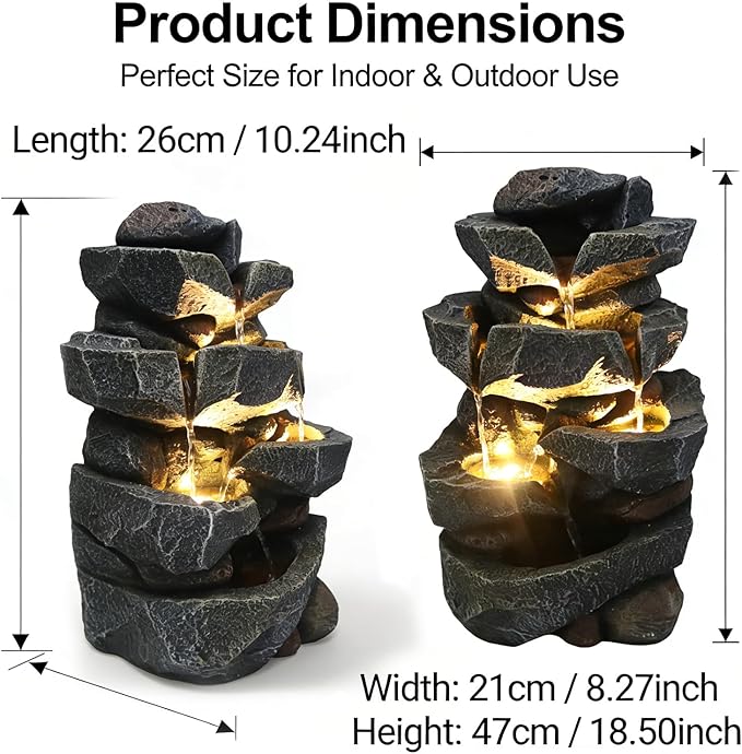 TOLATR 4-Tier Natural Rock Tabletop Waterfall Fountain - Indoor Outdoor Resin Water Fountain with LED Lights, 11.42" L x 8.27" W x 18.31" H for Garden, Patio, Home, Office, Porch Landscaping