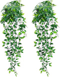 LOYWREE 2 Pack Artificial Hanging Mandala Plant with Pot Faux Plants Indoor Fake Small Potted Plant 28.7-in Long Faux Vine Shelf Decor Ideal for Indoor Outdoor Home Office Decoration (Black Pot)