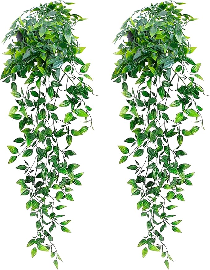 LOYWREE 2 Pack Artificial Hanging Mandala Plant with Pot Faux Plants Indoor Fake Small Potted Plant 28.7-in Long Faux Vine Shelf Decor Ideal for Indoor Outdoor Home Office Decoration (Black Pot)