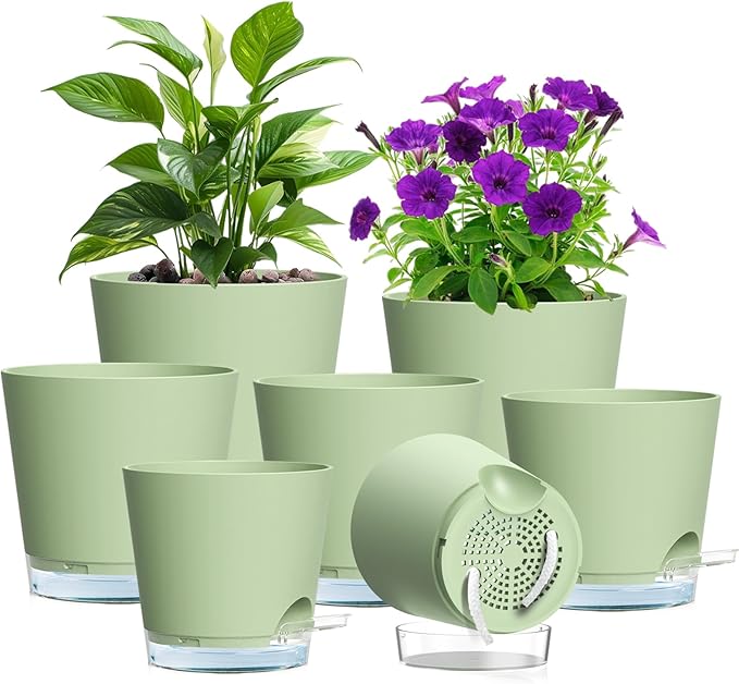Meowell Self Watering Pots Set of 7 – Assorted Size 4" to 8" Indoor Plant Pots with Drainage Holes and Clear Reservoir for Visible Water Level, Plastic Wicking Planter for House Plants & Flower, Green