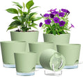 Meowell Self Watering Pots Set of 7 – Assorted Size 4" to 8" Indoor Plant Pots with Drainage Holes and Clear Reservoir for Visible Water Level, Plastic Wicking Planter for House Plants & Flower, Green