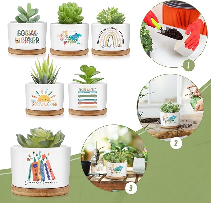 Sieral 12 Pcs Thank You Employee Appreciation Gift Succulent Pots Social Worker Gift Ceramic Plant Pot with Bamboo Tray Succulent Planter for Coworker Teacher, Plants Excluded (Social Worker)