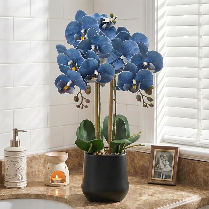 Orchids Artificial Plant in Ceramic Pot 18.5" Faux Orchid Phalaenopsis Flowers Arrangement for Home Office Table Centerpiece Indoor Decor, Dusty Blue