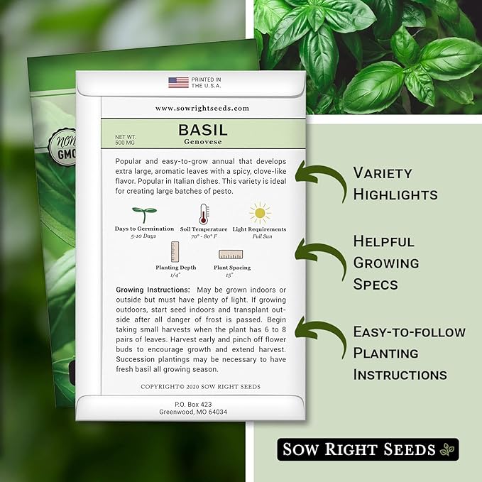 Sow Right Seeds - Genovese Sweet Basil Seed for Planting - Non-GMO Heirloom Packet with Instructions to Plant and Grow a Kitchen Herb Garden - Indoors or Outdoor - Great for Hydroponic Gardening (4)