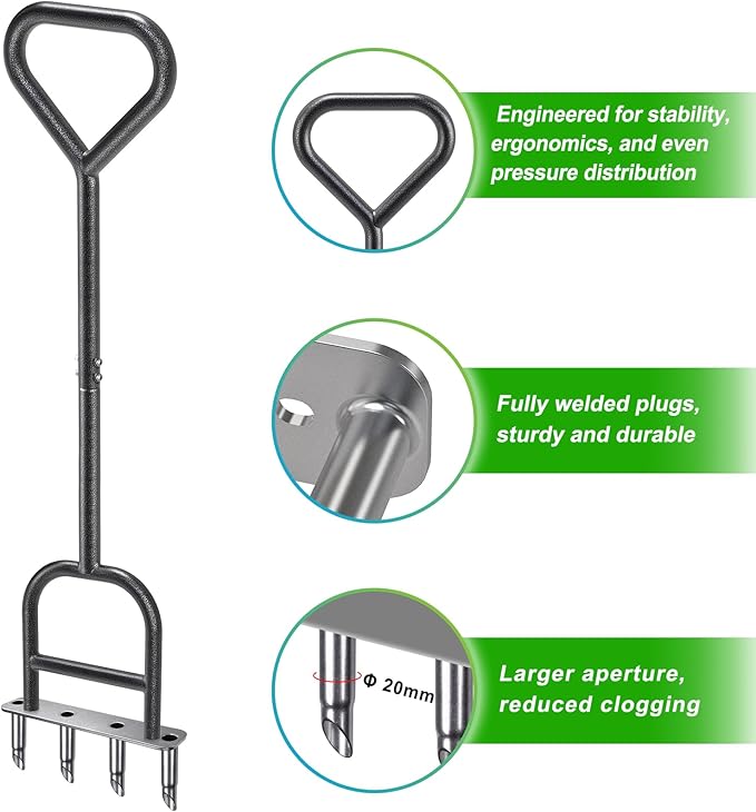 Dolibest Lawn Coring Aerator, Manual Lawn Aerator, 4 Stainless Steel Corer Plug Aerator with Triangular Handle, Pre-Assembled Manual Grass Aerating Tool & Cleaning Hand Tool for Improving Lawn Health