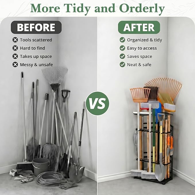 Faesun Garden Tool Organizer for Garage, Heavy Duty Garden Tool Storage Organizer with Secure Slots & Hooks, Freestanding Long Handle Tool Rack for Shovels, Rakes, Brooms, Garage, Shed & Yard