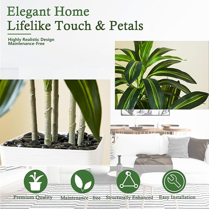 Artificial Dracaena Tree：7FT Faux Silk Tropical Yucca Floor Trees Realistic Fake Green Plant with Natural Wood Trunk & Lifelike Leaves for Home Office Decor Indoor & Outdoor (7FT,1-Pack,White)