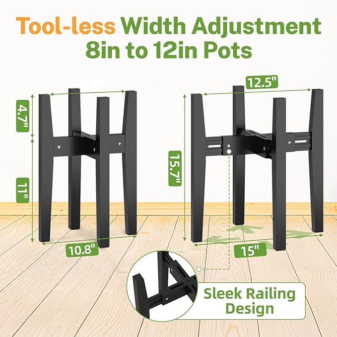 iDavosic.ly Adjustable Plant Pot Stand 2 Pack Indoor Outdoor, Mid Century Modern Bamboo Short Single Flower Holder Fits 8 to 12 Inch Large Heavy Duty Planter (Not Included) | Black