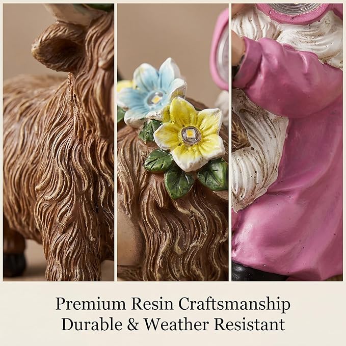 iStatue Solar Highland Cow Garden Statue with Animated LED Goggles - 8.7" Resin Gnome Figurine Moving Pixel Matrix Eyes Unique for Mom Women (Pink)