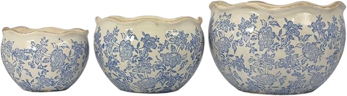 Galt International Ceramic Plant Pots Set of 3 Rustic Vintage Farmhouse Cream Crackle Glaze (11"/ 9.6"/ 7") Garden Indoor Outdoor Flower Planter w/Drainage Hole (Vintage Blue)
