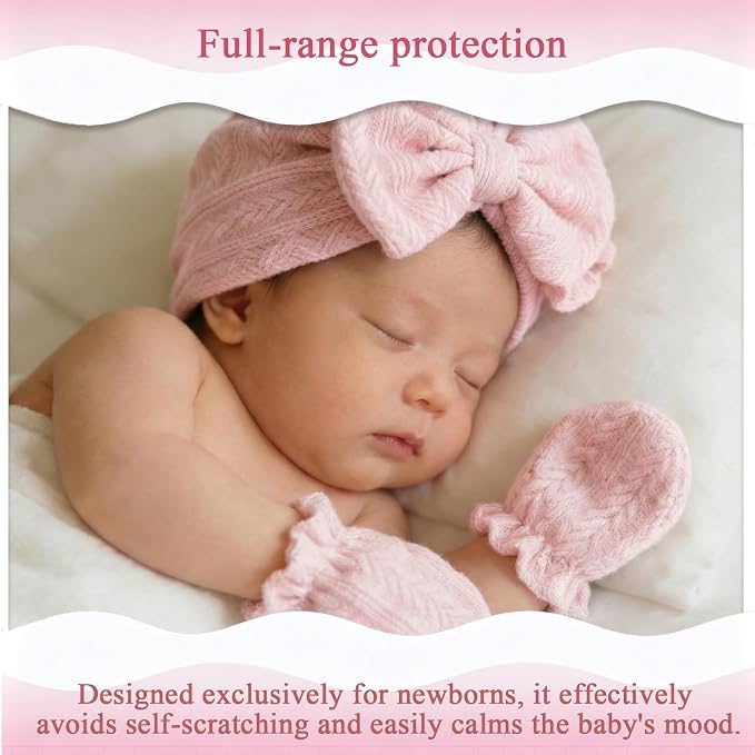 Newborn Baby Girl Hats Mittens Set Cotton Hospital Bow Hat Beanies Caps Gloves for New Born Girls 0-6 Months