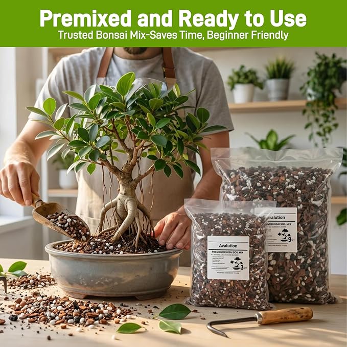 Avalution Bonsai Soil 3QT,Organic Bonsai Soil Mix Perlite,Lava Rock,Pine Bark,Clay Pebbles for Indoor Plants,Premium Fast Draining Pre Mixed Potting Soil for Bonsai Trees Repotting