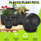 Plastic Plant Pots 10/9/8/7.5/7 inch Set of 5, Flower Planters with Drainage Holes and Saucers, Plastic Pots for Indoor Outdoor Plants, Livingroom Garden Decor (Black)