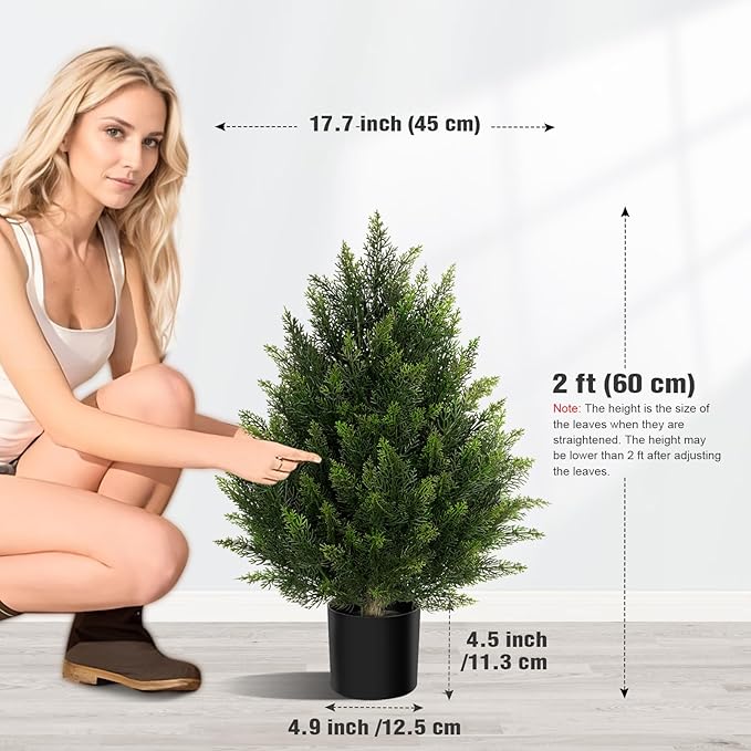 Vitalismo Outdoor Artificial Cedar Topiary Tree, Faux Evergreen Shrubs for Front Porch Decor, Lifelike Fake Bushes Plants for Home Living Room Front Door Decor (2, 2ft)