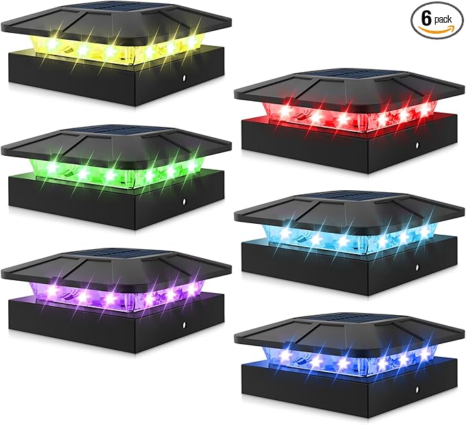 Peasur 4x4 Post Solar Lights RGB Color Changing, 6 Packs Waterproof LED Solar Cap Lights for 4×4/3.5×3.5 Wood/Vinyl Posts, Post Top Lighting Outdoor for Fence Deck Mailbox Porch Railing