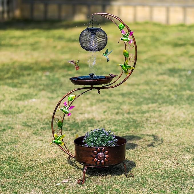 DREAMSOUL Solar Bird Bath with Solar Lantern, Vintage Copper Birdbath Flower Planter Metal Bird Bath for Outside Garden Yard