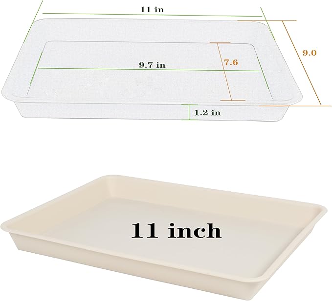 VUWEZ 4 Pack Plant Saucer Tray Rectangular, Plant Saucers for Indoors, Heavy Sturdy Plastic Plant Drainage Trays, Plant Drip Trays for Pots, Seed Starter Growing Tray (11 x 9 inch, Beige)