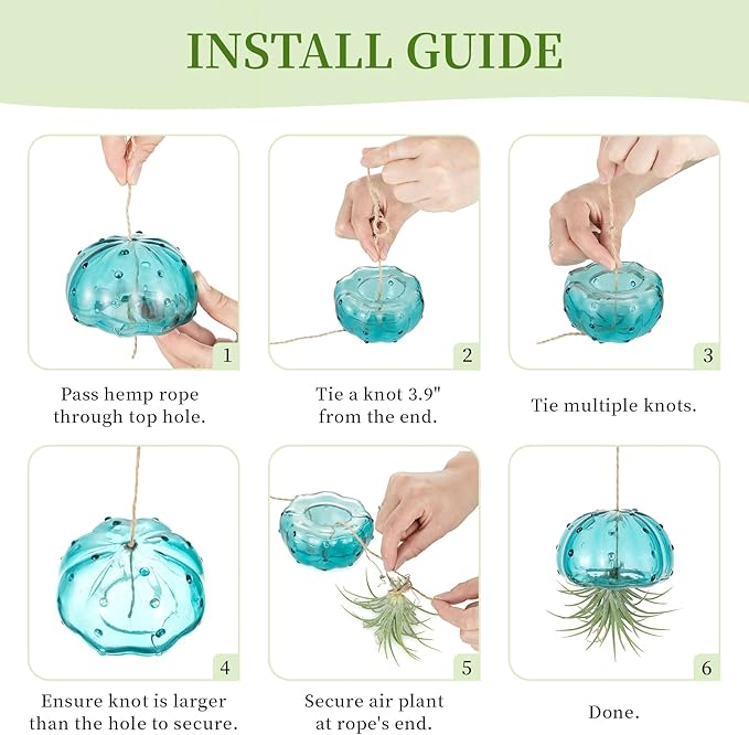 Glasseam Hanging Air Plant Holder: 3Pcs Glass Jellyfish Air Plant Hanger with Jute Ropes for Tillandsia Succulent Houseplants - Cute Airplant Display Container for Indoor Home Decor
