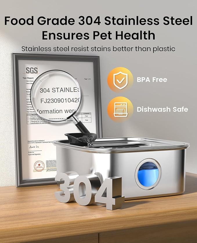 oneisall Dog Water Fountain, 2.6Gal/10L Stainless Steel Dog Water Bowl Dispenser with Deeper Drinking Aera & Washable Filter, Ultra-Quiet Pet Water Fountain for Small Medium Large Dogs(with 5 Fllters)