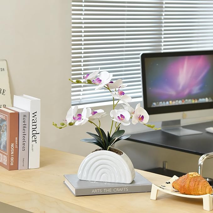 Fake Orchid Plant in White Rainbow Pot, Artificial Silk Phalaenopsis Orchid Flowers for Home Décor, Table Centerpiece, Office Desk (White)